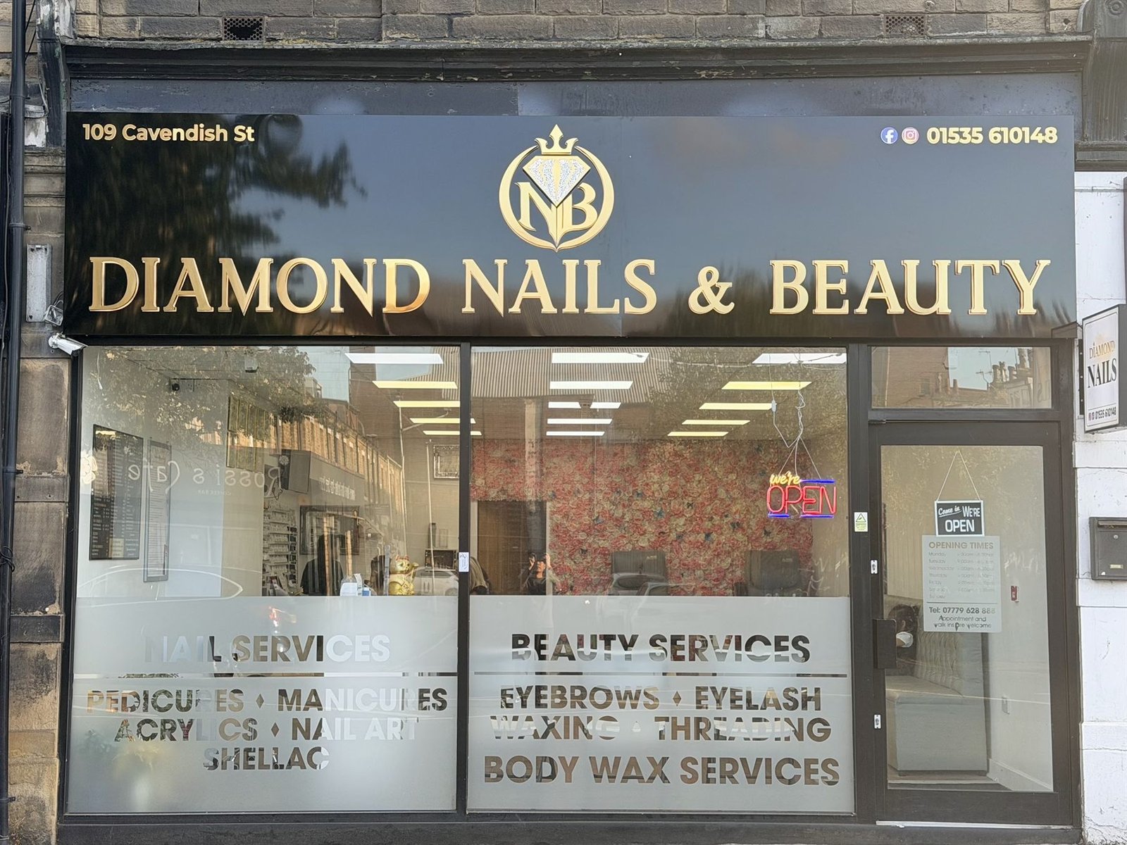 The Diamond Nails & Beauty shopfront at 109 Cavendish Street, with gold lettering above the salon windows